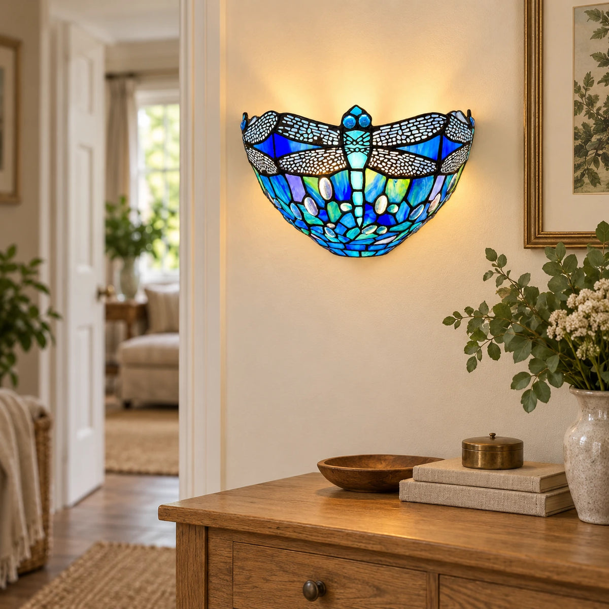 Room visualisation featuring Sapphire Dragonfly Tiffany Wall Light