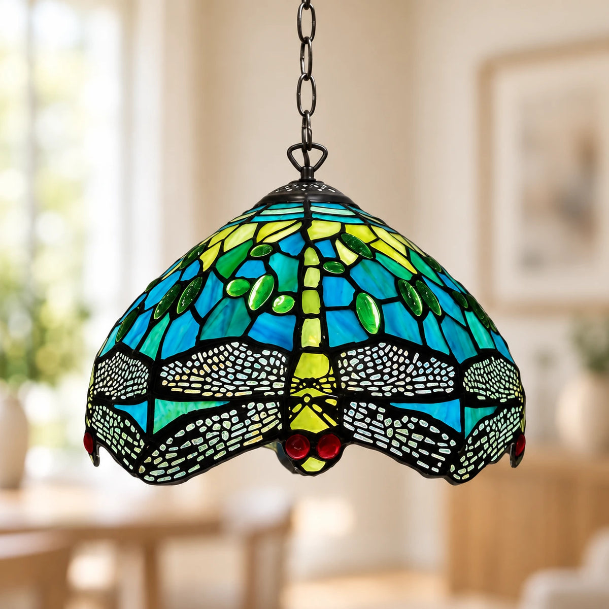Teal & Green Dragonfly Tiffany Pendant Light