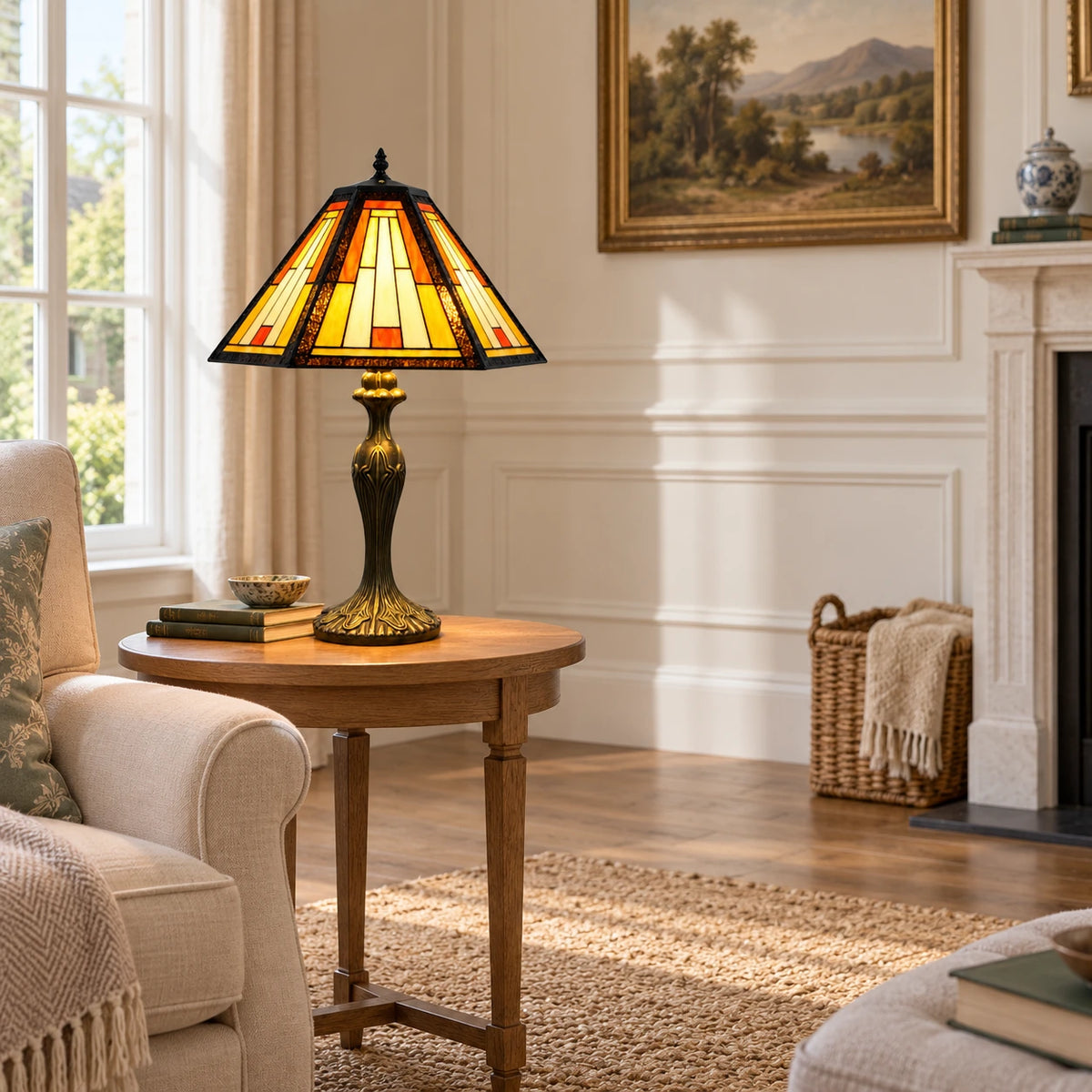 Room visualisation featuring Cream & Amber Mission Tiffany Table Lamp