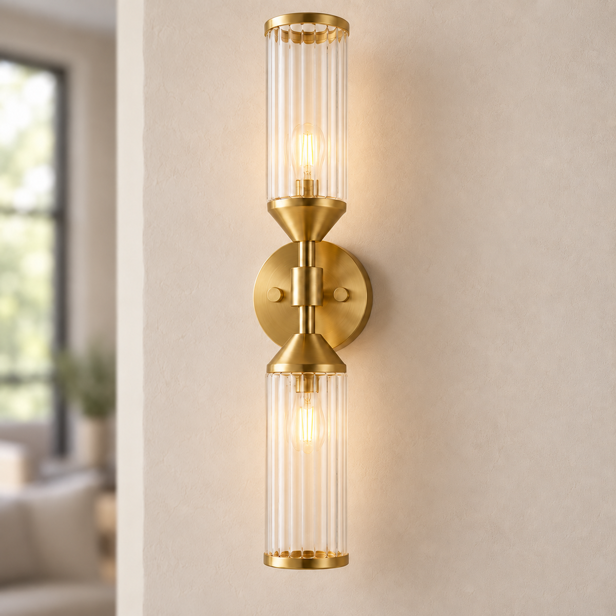Apollo Gold & Glass Art Deco Wall Light, illuminated