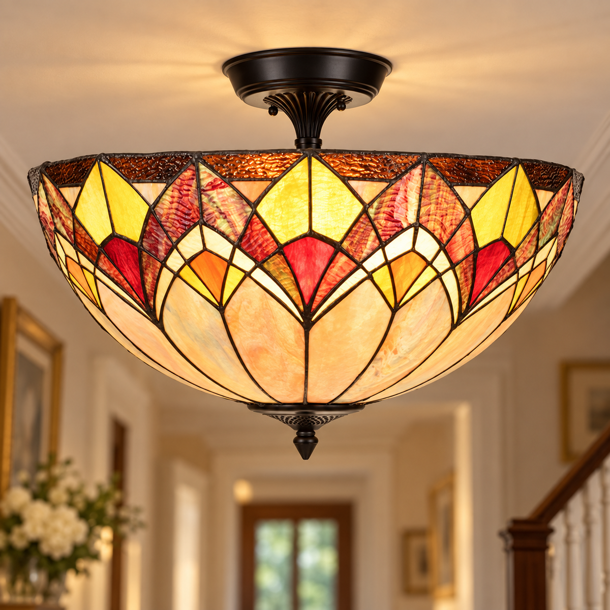 Blossom Tiffany Semi-Flush Ceiling Light, illuminated