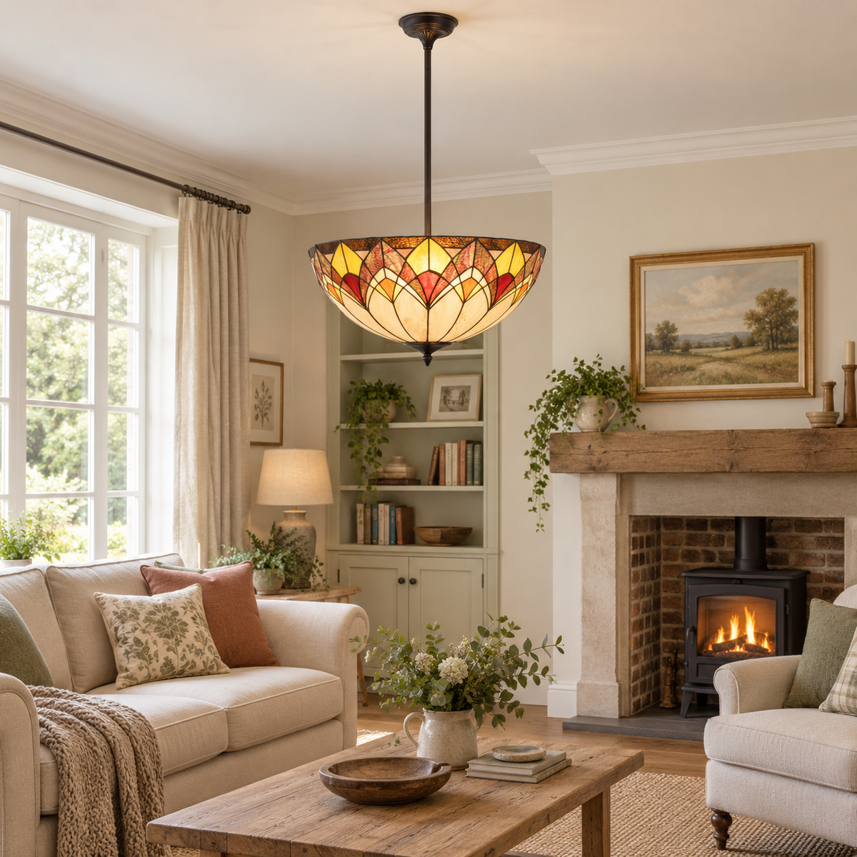 Room visualisation featuring Blossom Tiffany Rod Uplighter Pendant