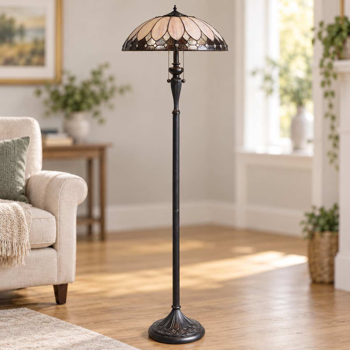 Cream Art Deco Tiffany Floor Lamp, unlit
