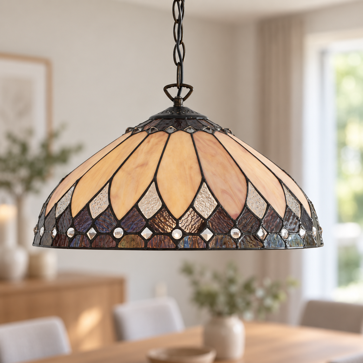 Cream Art Deco Tiffany Pendant Light, unlit