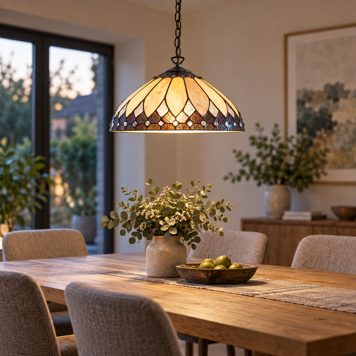 Room visualisation featuring Cream Art Deco Tiffany Pendant Light