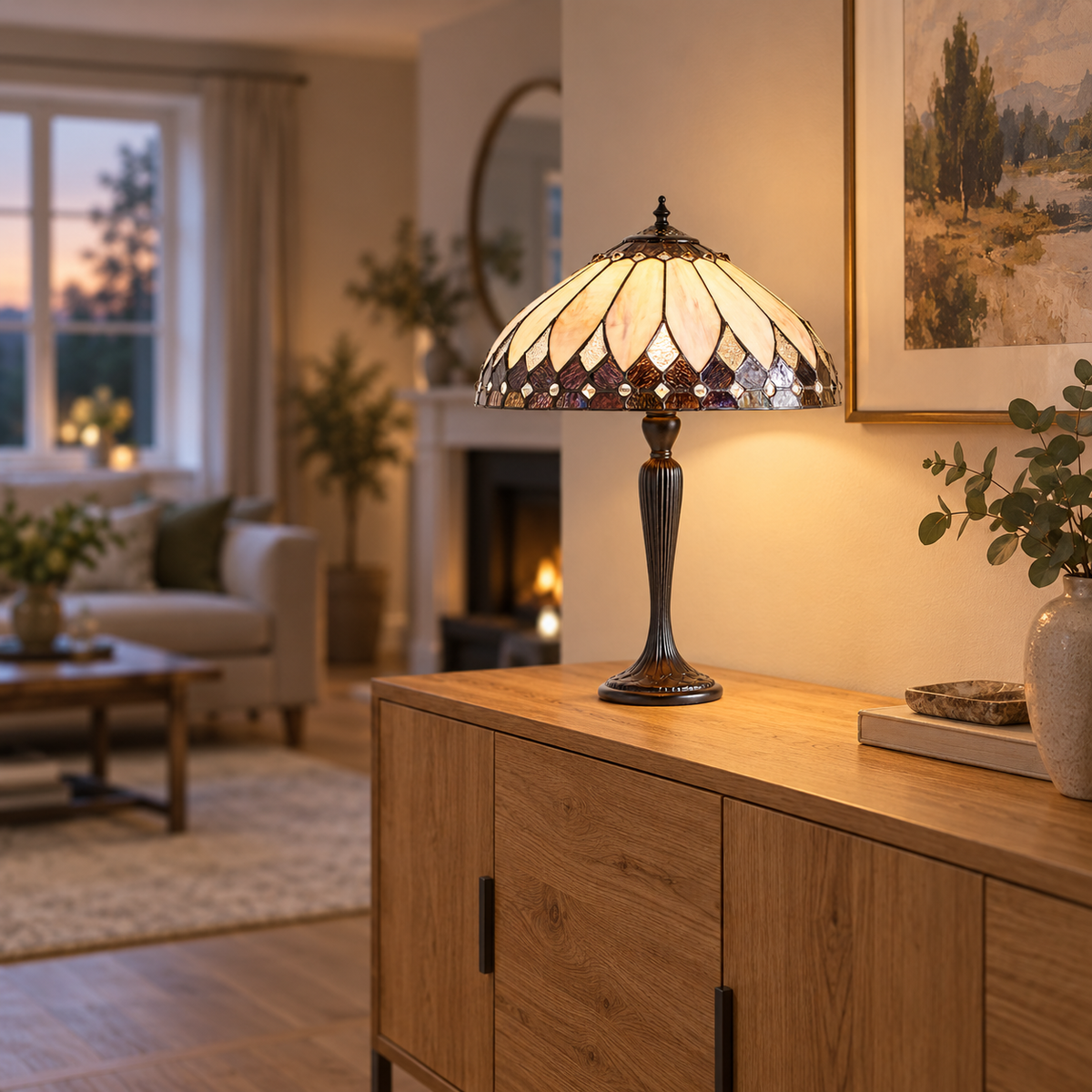 Room visualisation featuring Cream Art Deco Tiffany Table Lamp