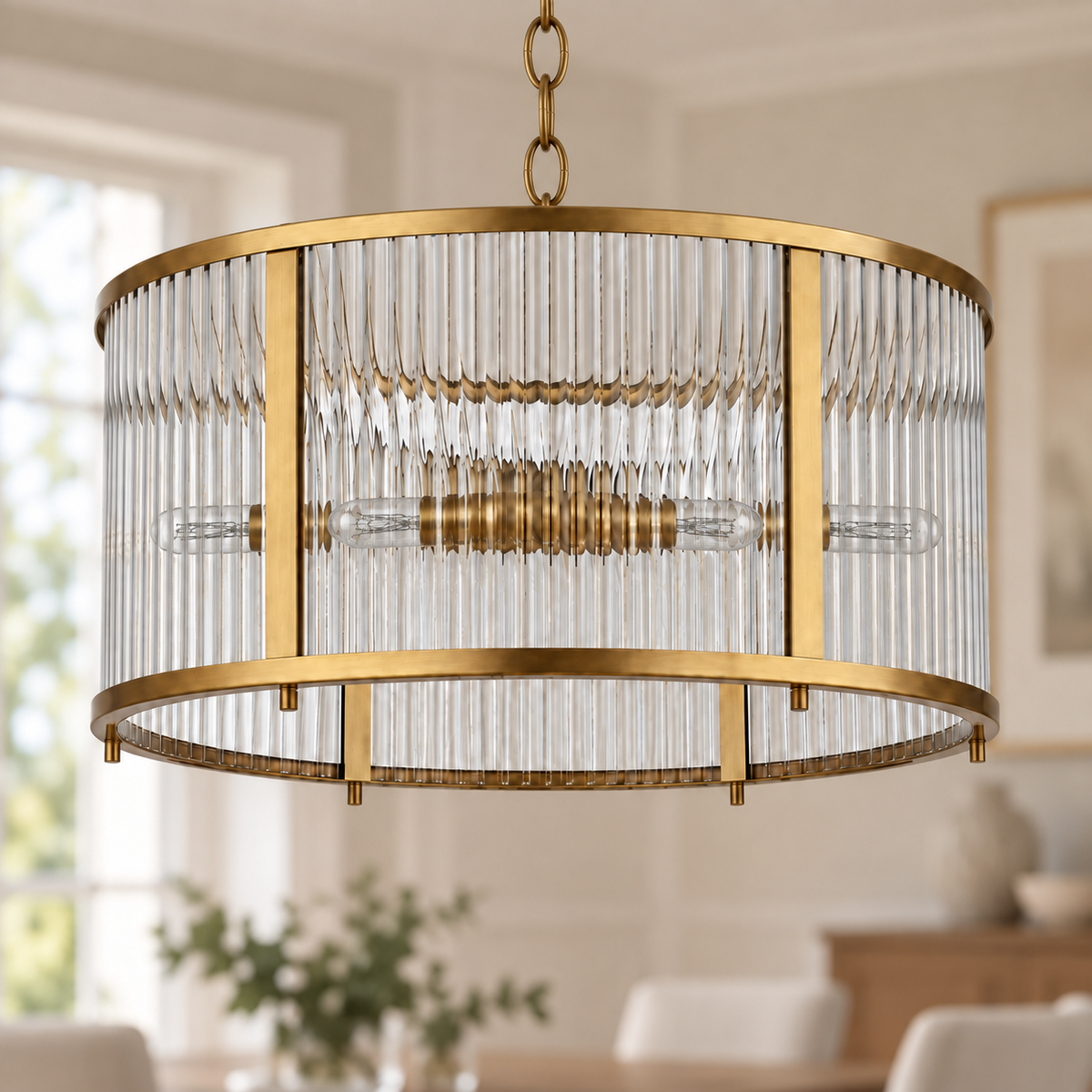 Halo 3-Light Antique Brass Ribbed Glass Pendant, unlit