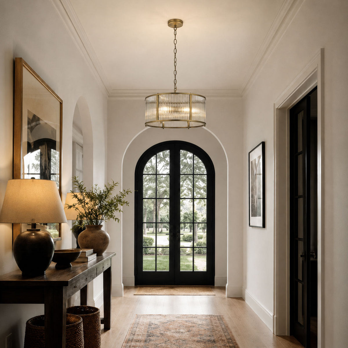 Room visualisation featuring Halo 3-Light Antique Brass Ribbed Glass Pendant