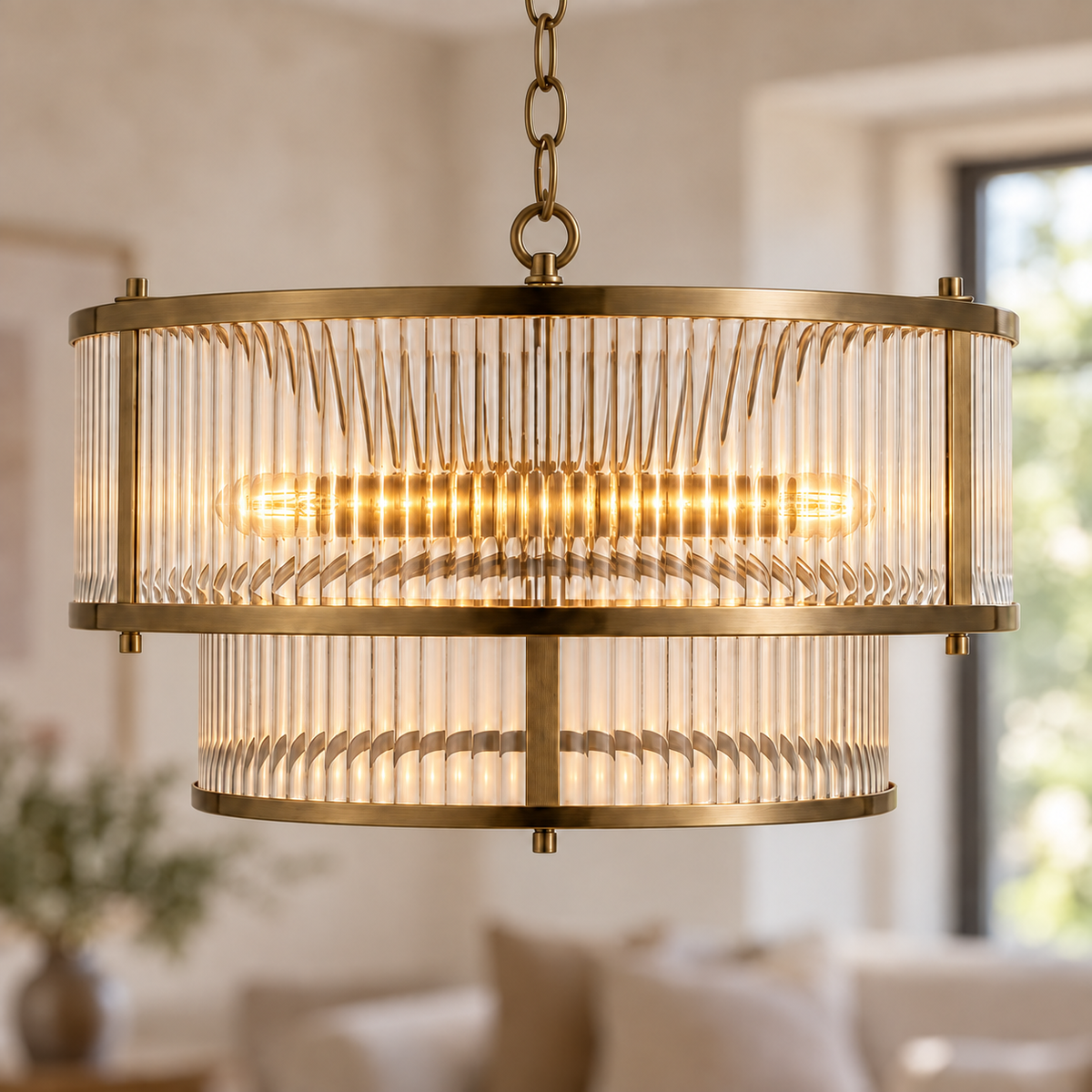 Halo 5-Light Antique Brass Ribbed Glass Pendant, illuminated