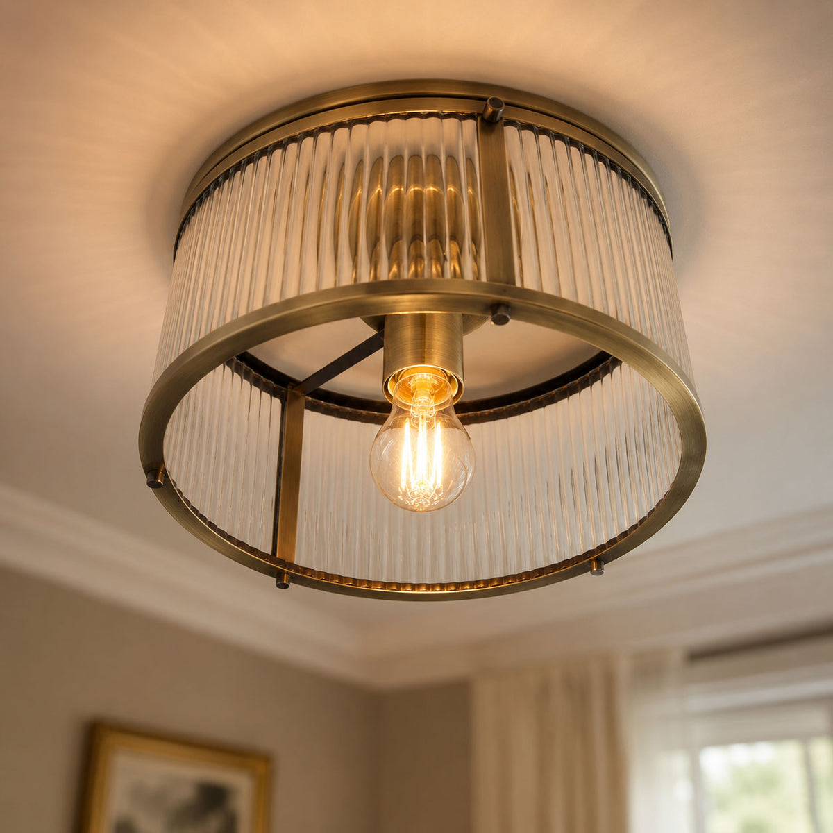 Room visualisation featuring Halo Antique Brass Ribbed Glass Flush Ceiling Light