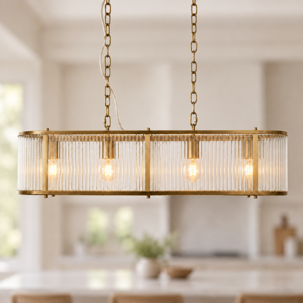 Halo 4-Light Antique Brass Linear Glass Pendant, illuminated