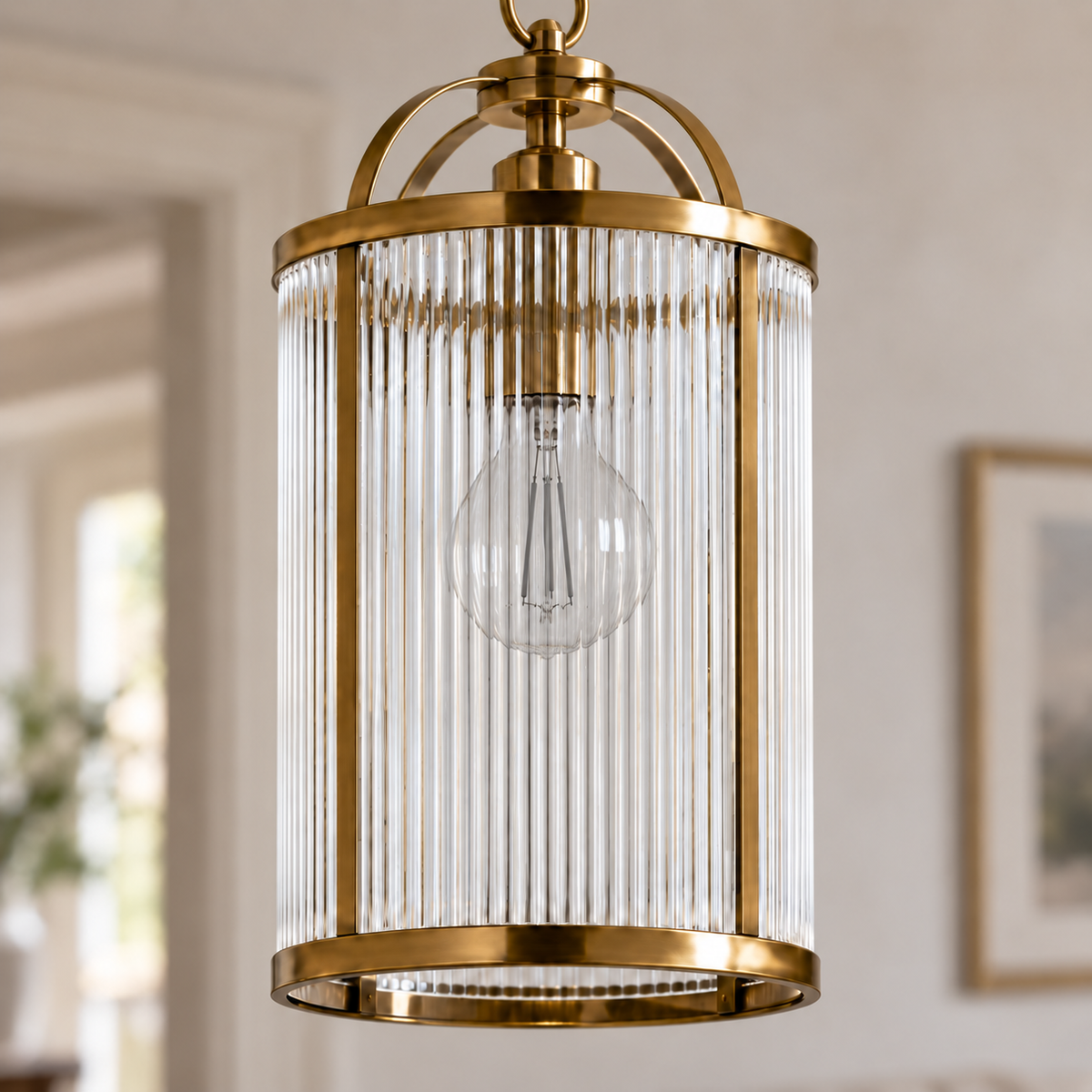 Halo Petite Antique Brass Ribbed Glass Pendant, unlit