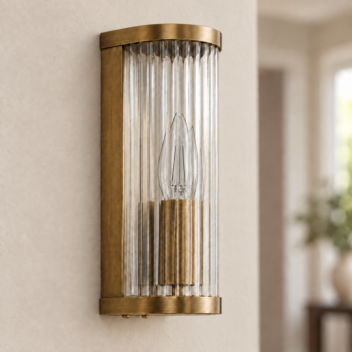 Halo Antique Brass Ribbed Glass Wall Light, unlit