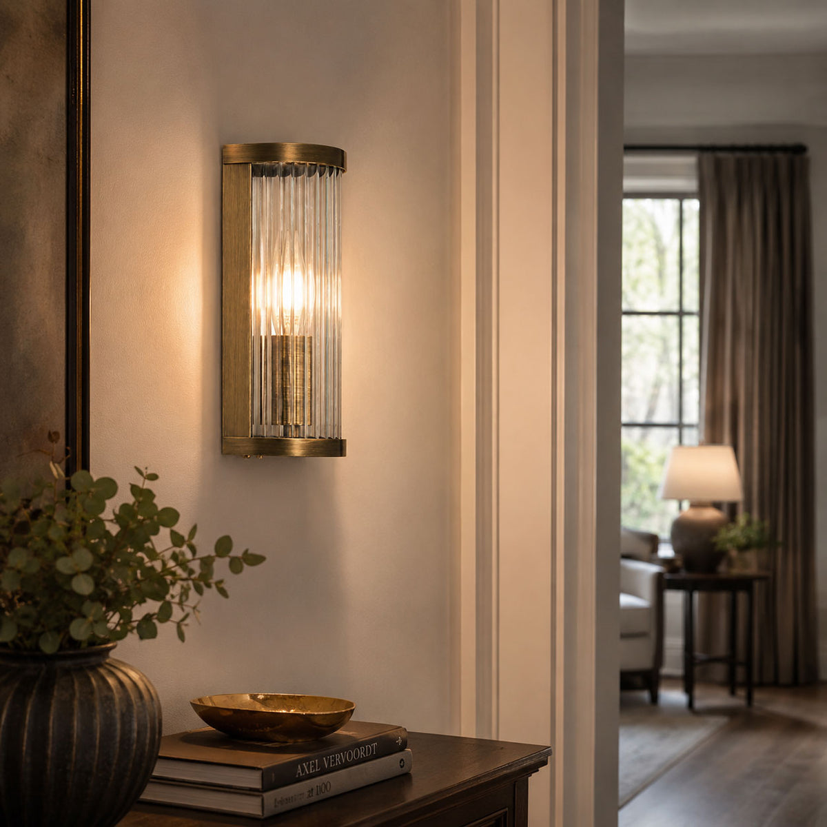 Room visualisation featuring Halo Antique Brass Ribbed Glass Wall Light