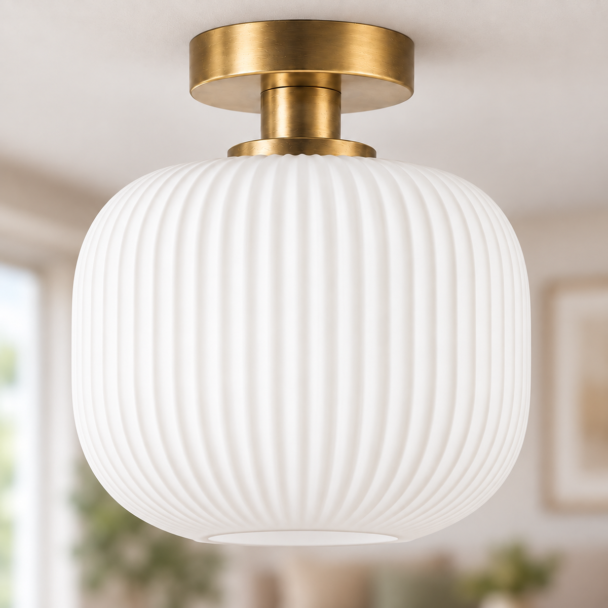 Rivoli Antique Brass Ribbed Glass Ceiling Light, unlit