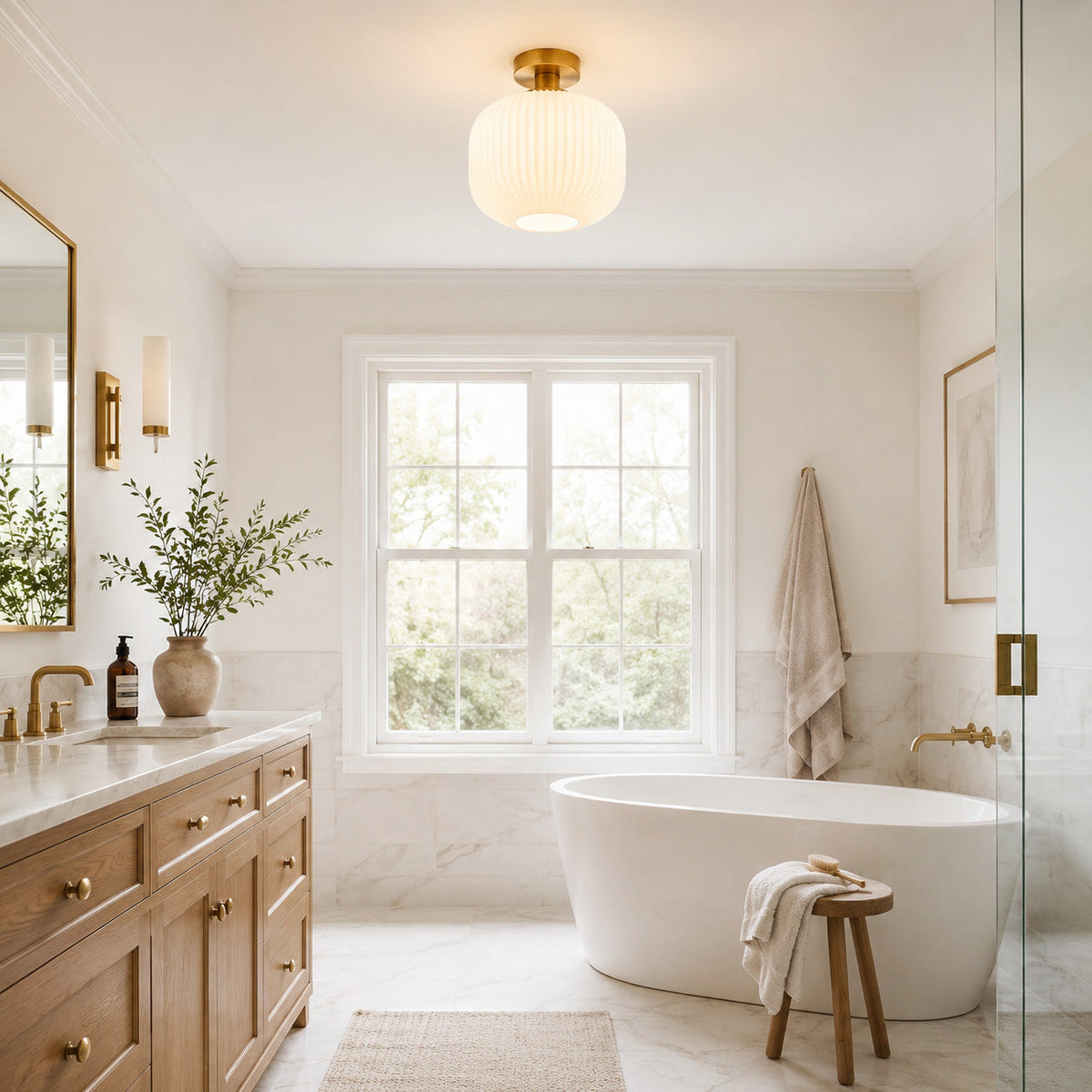 Room visualisation featuring Rivoli Antique Brass Ribbed Glass Ceiling Light