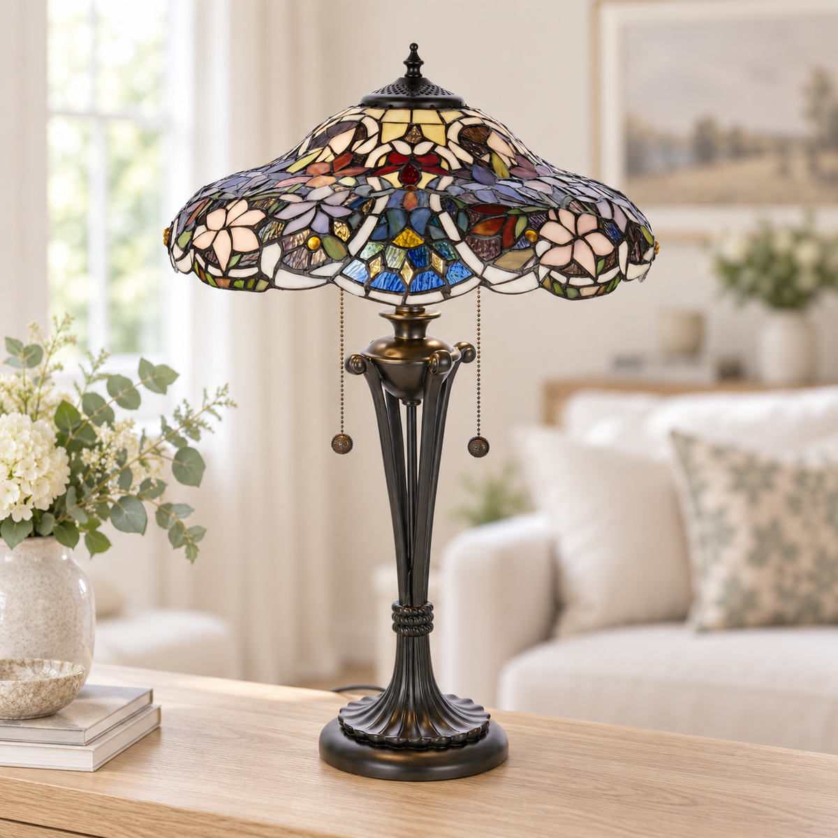 Pink & Blue Floral Tiffany Table Lamp