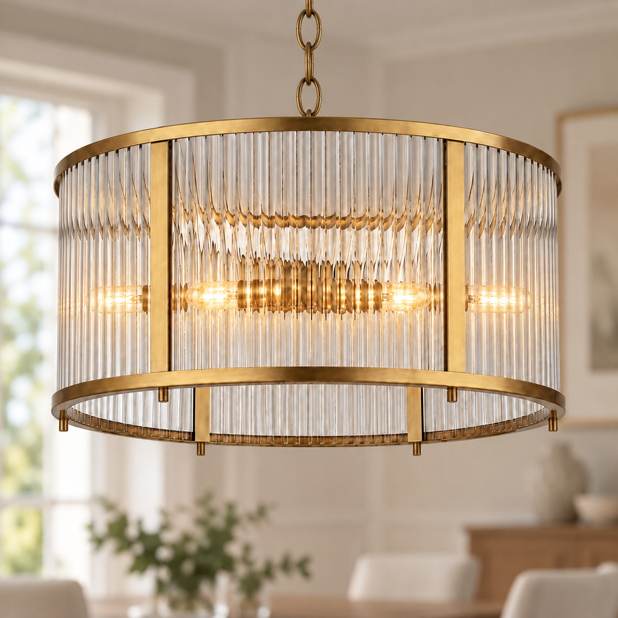 Halo 3-light antique brass and ribbed glass pendant, switched on