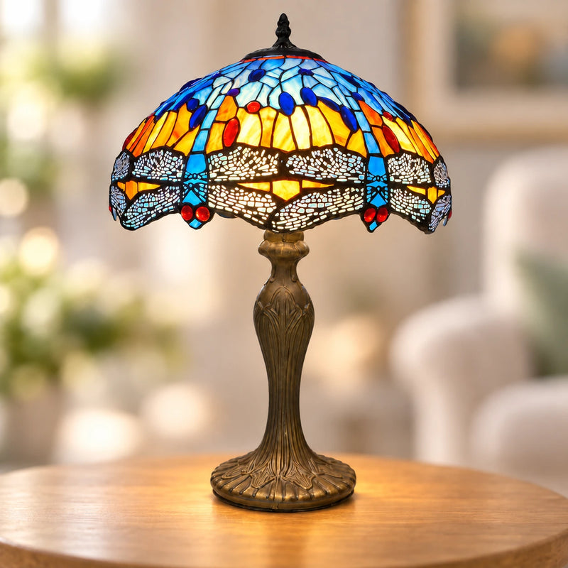 Sunset Dragonfly Tiffany Table Lamp, 40.6 cm, illuminated