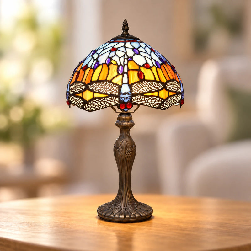 Sunset Dragonfly Tiffany Table Lamp, 25.4 cm, illuminated