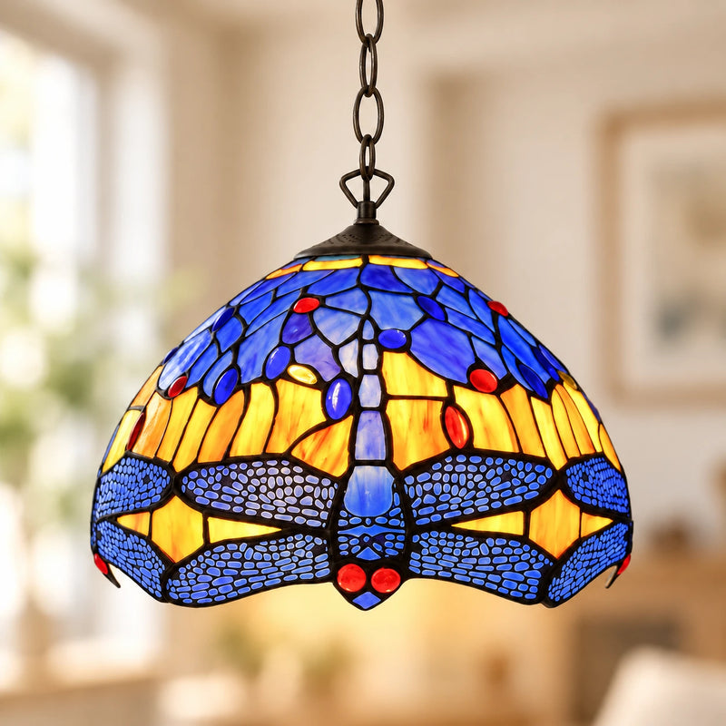 Sunset Dragonfly Tiffany Pendant Light, 25.4 cm, illuminated