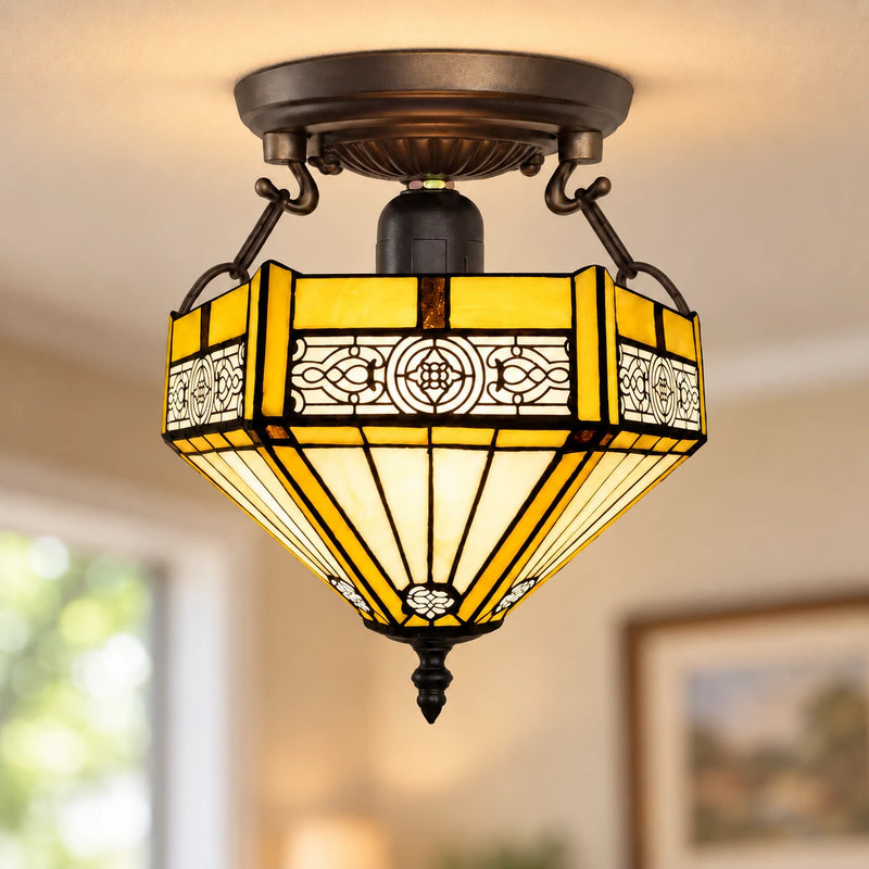Amber Mission Tiffany Ceiling Light, 25.4 cm, illuminated