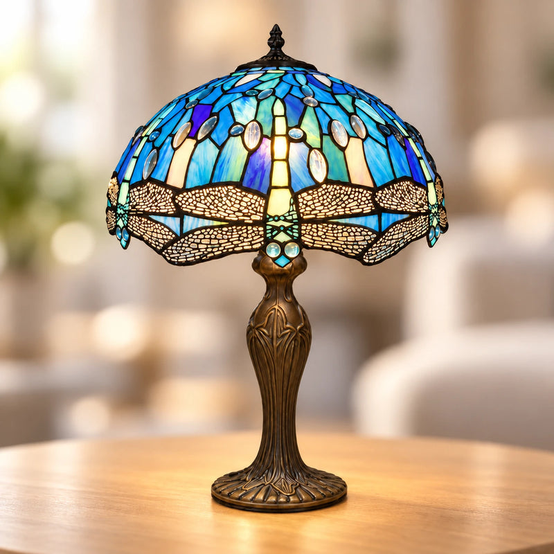 Sapphire Dragonfly Tiffany Table Lamp, 40.6 cm, illuminated