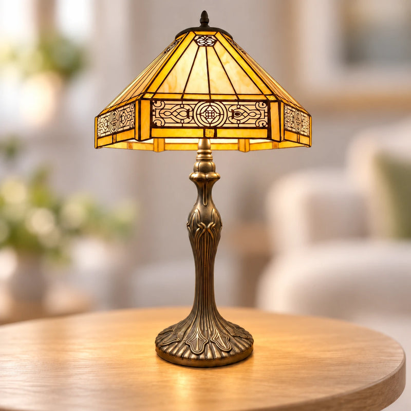 Amber Mission Tiffany Table Lamp, 40.6 cm, illuminated