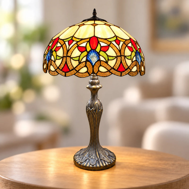 Amber Floral Scroll Tiffany Table Lamp, 40.6 cm, illuminated