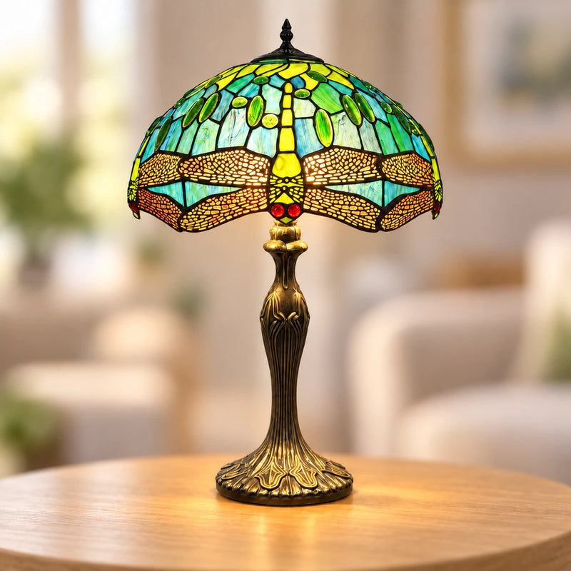 Teal & Green Dragonfly Tiffany Table Lamp, 40.6 cm, illuminated