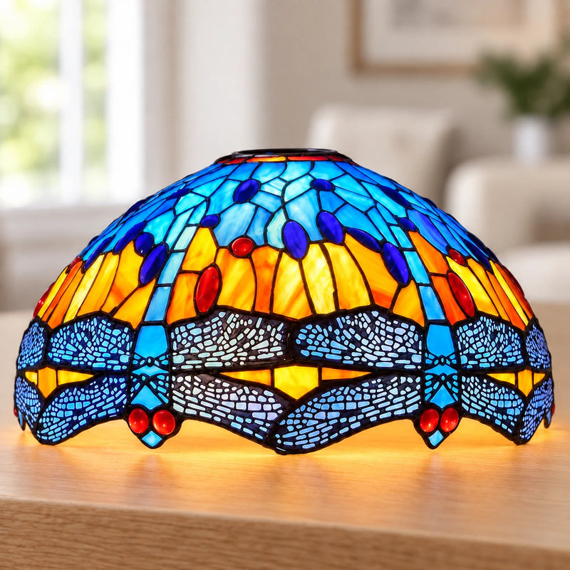 Sunset Dragonfly Tiffany Lamp Shade, 40.6 cm, illuminated