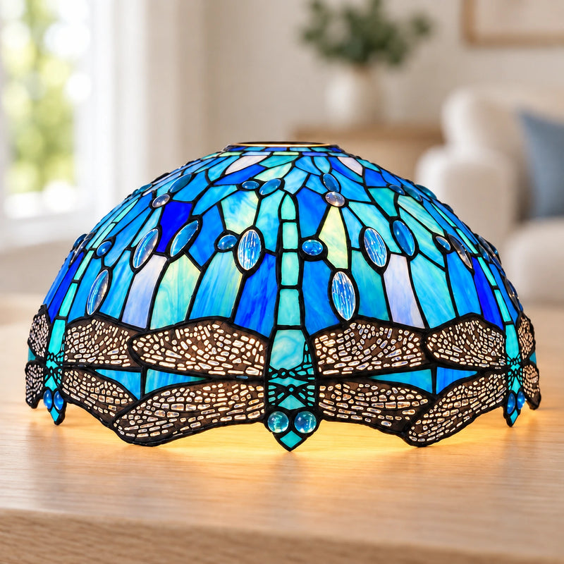 Sapphire Dragonfly Tiffany Lamp Shade, 40.6 cm, illuminated