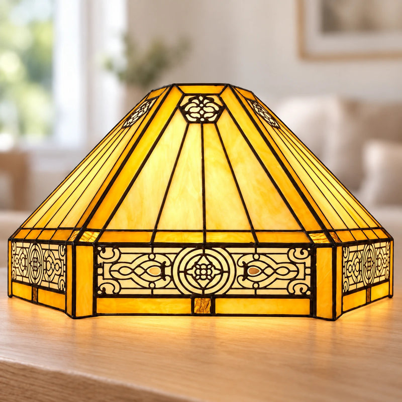 Amber Mission Tiffany Lamp Shade, 40.6 cm, illuminated