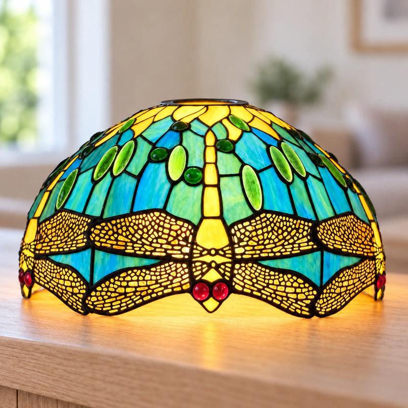 Teal & Green Dragonfly Tiffany Lamp Shade, 40.6 cm, illuminated