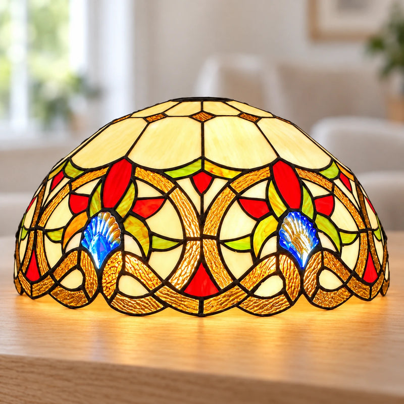 Amber Floral Scroll Tiffany Lamp Shade, 40.6 cm, illuminated