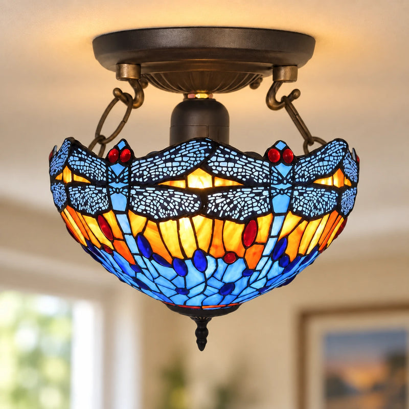 Sunset Dragonfly Tiffany Ceiling Light, 40.6 cm, illuminated