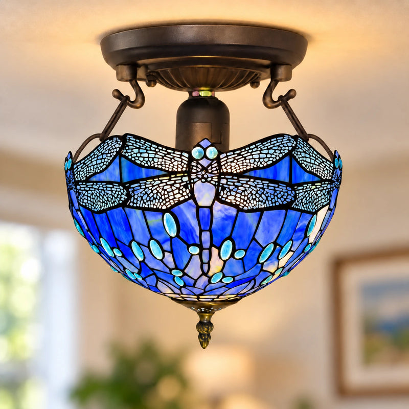 Sapphire Dragonfly Tiffany Ceiling Light, 40.6 cm, illuminated