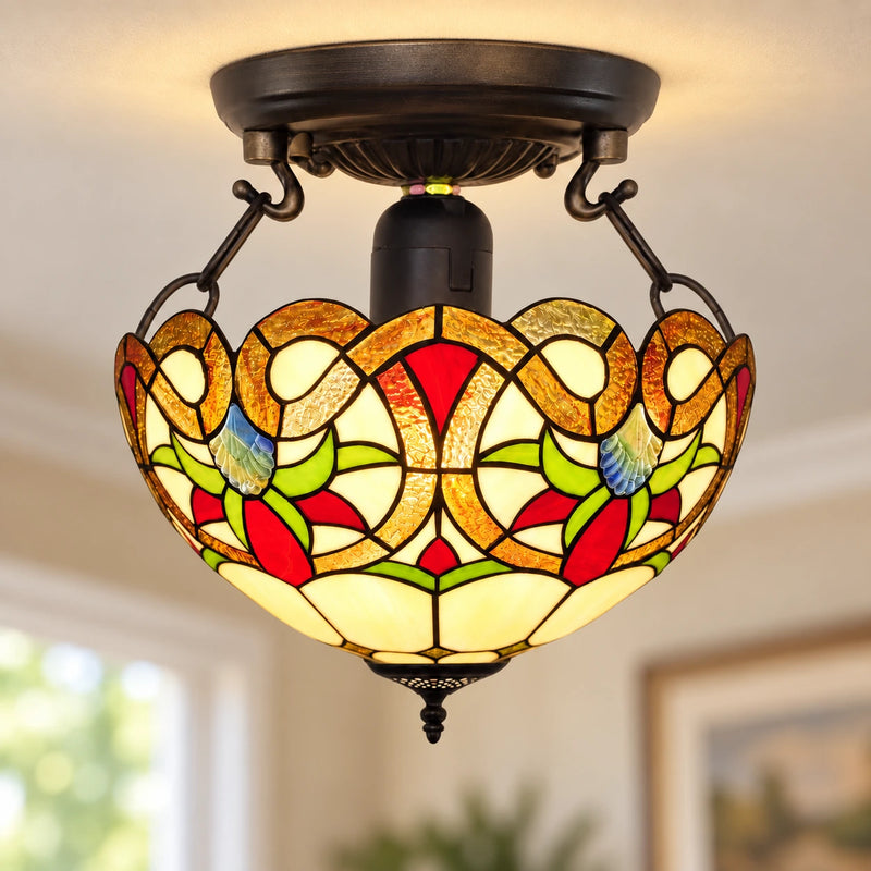 Amber Floral Scroll Tiffany Ceiling Light, 40.6 cm, illuminated
