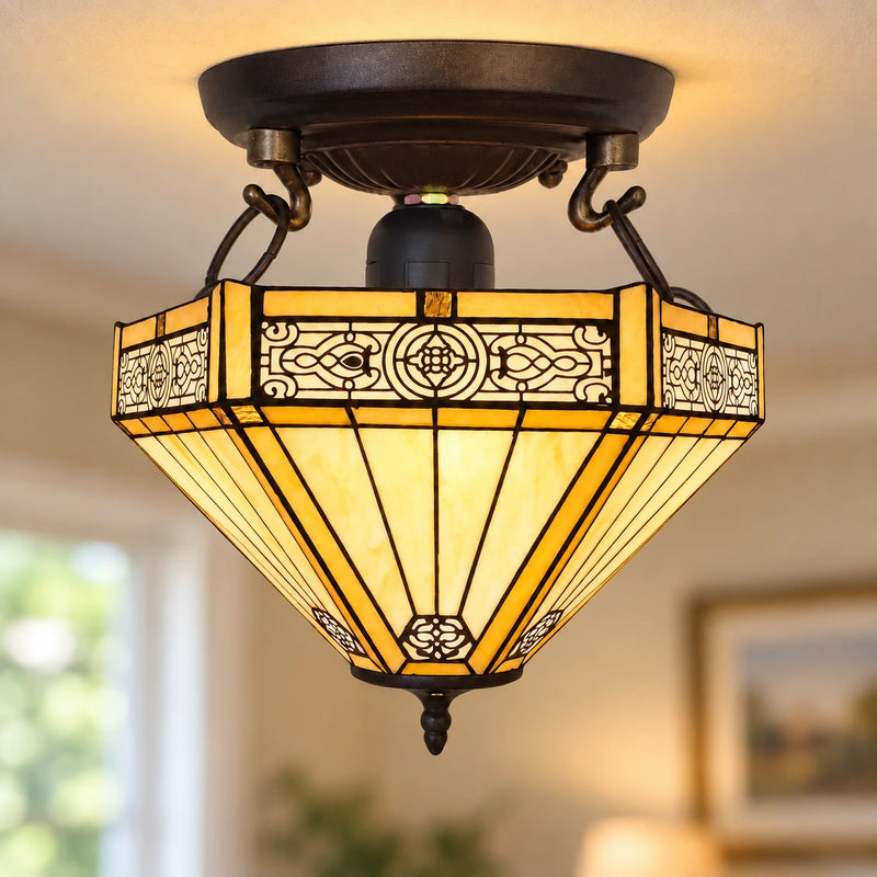 Amber Mission Tiffany Ceiling Light, 40.6 cm, illuminated