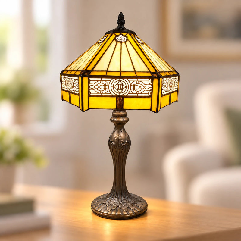 Amber Mission Tiffany Table Lamp, 25.4 cm, illuminated