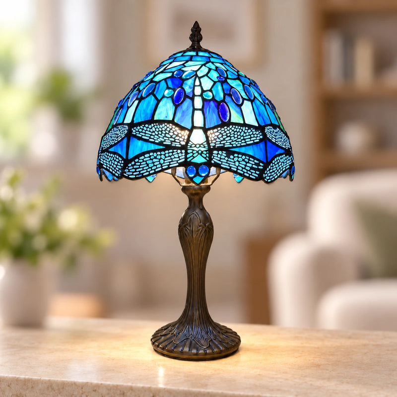 Sapphire Dragonfly Tiffany Table Lamp, 25.4 cm, illuminated