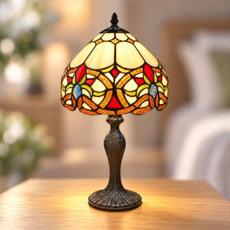 Amber Floral Scroll Tiffany Table Lamp, 25.4 cm, illuminated