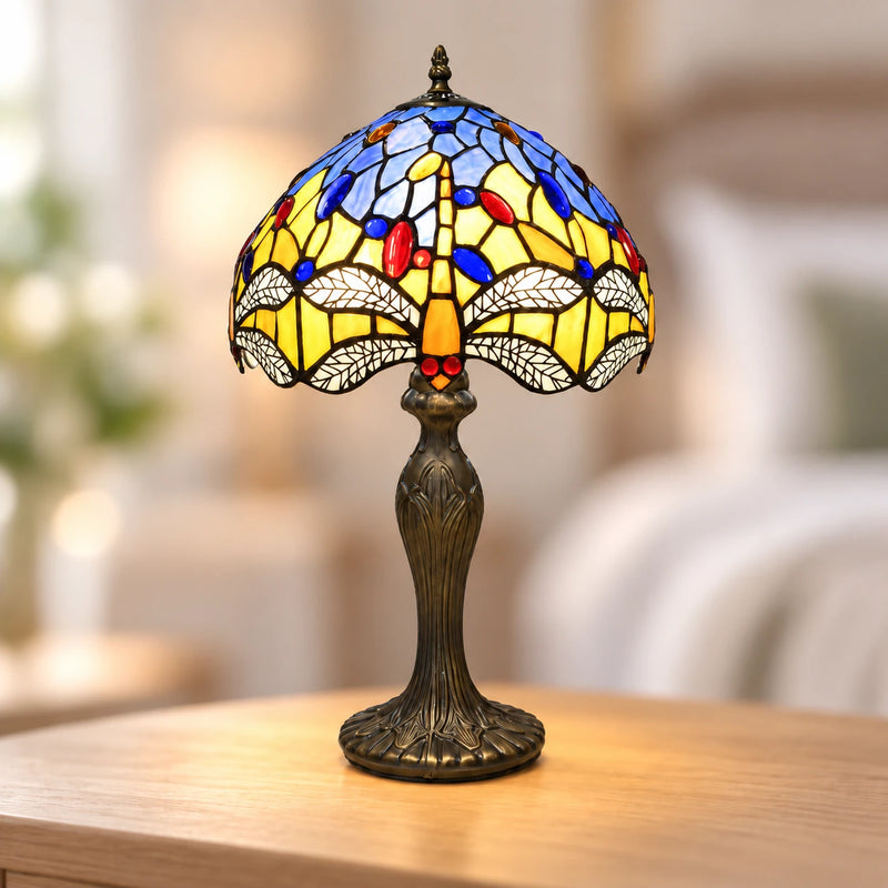 Blue & Yellow Dragonfly Tiffany Table Lamp, 25.4 cm, illuminated