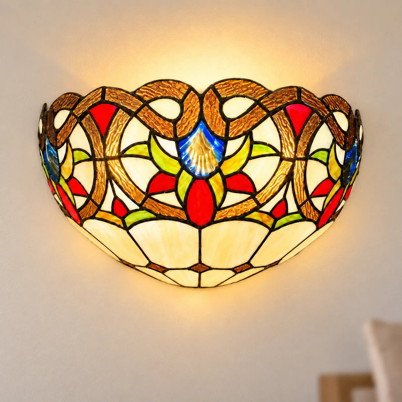 Amber Floral Scroll Tiffany Wall Light, illuminated