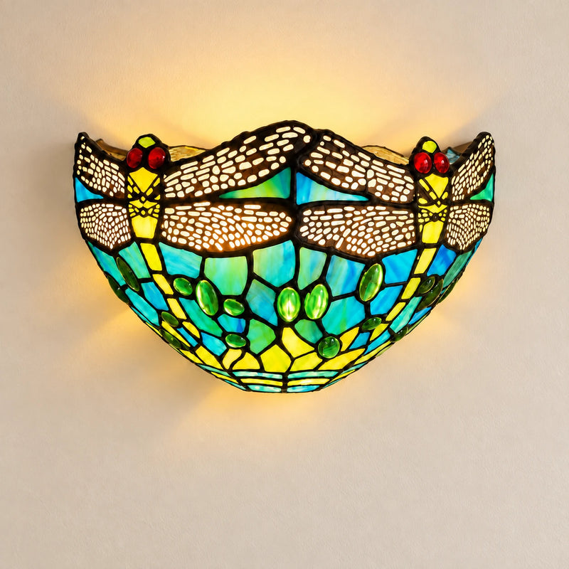 Teal & Green Dragonfly Tiffany Wall Light, illuminated