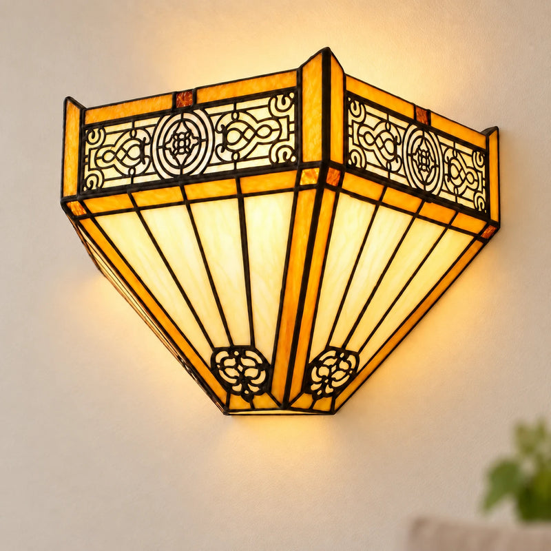 Amber Mission Tiffany Wall Light, illuminated