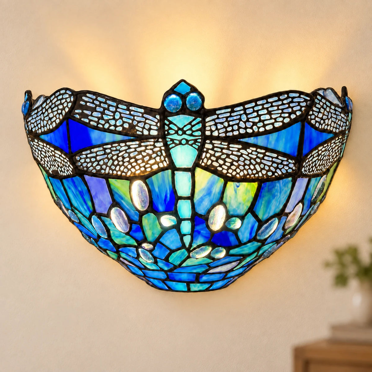 Sapphire Dragonfly Tiffany Wall Light, 30.48 cm: illuminated hero