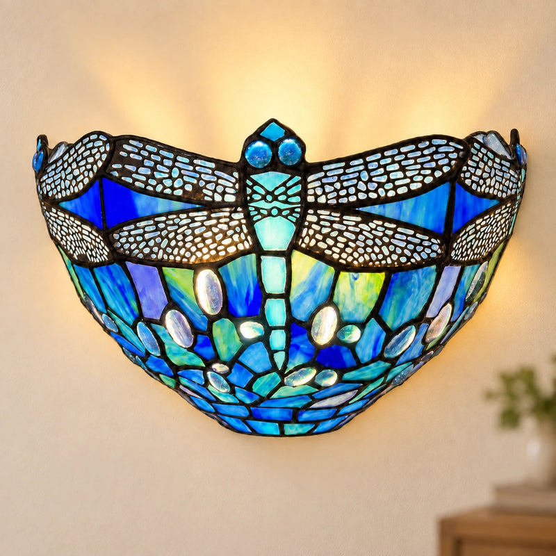 Sapphire Dragonfly Tiffany Wall Light, illuminated