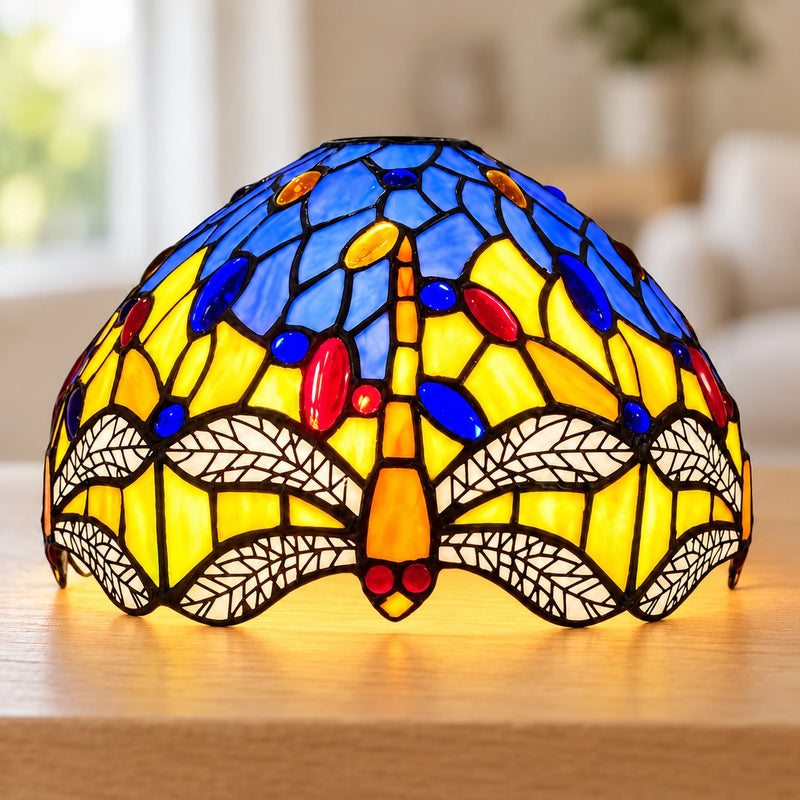Blue & Yellow Dragonfly Tiffany Lamp Shade, 25.4 cm, illuminated