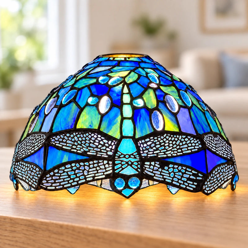 Sapphire Dragonfly Tiffany Lamp Shade, 25.4 cm, illuminated